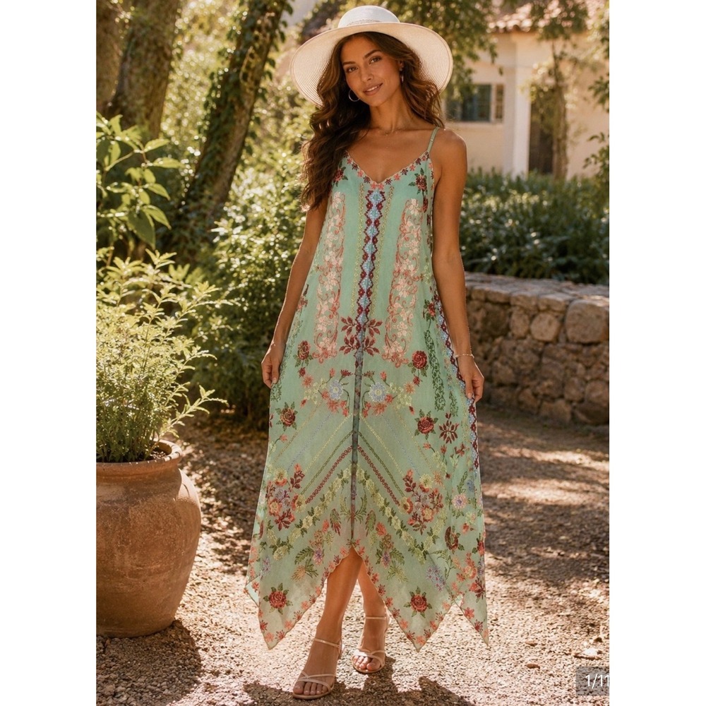 Tolani Womens Floral Embroidered Handkerchief Hem Midi Dress Mint Green Small
